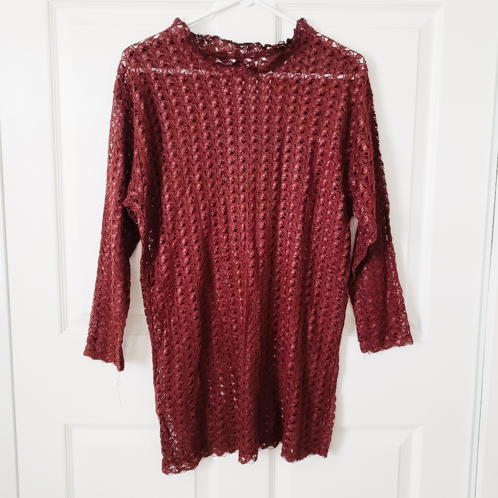 Handmade Boho Hippie Crochet Top Size L Brown Long Sleeve High Neck Vintage
